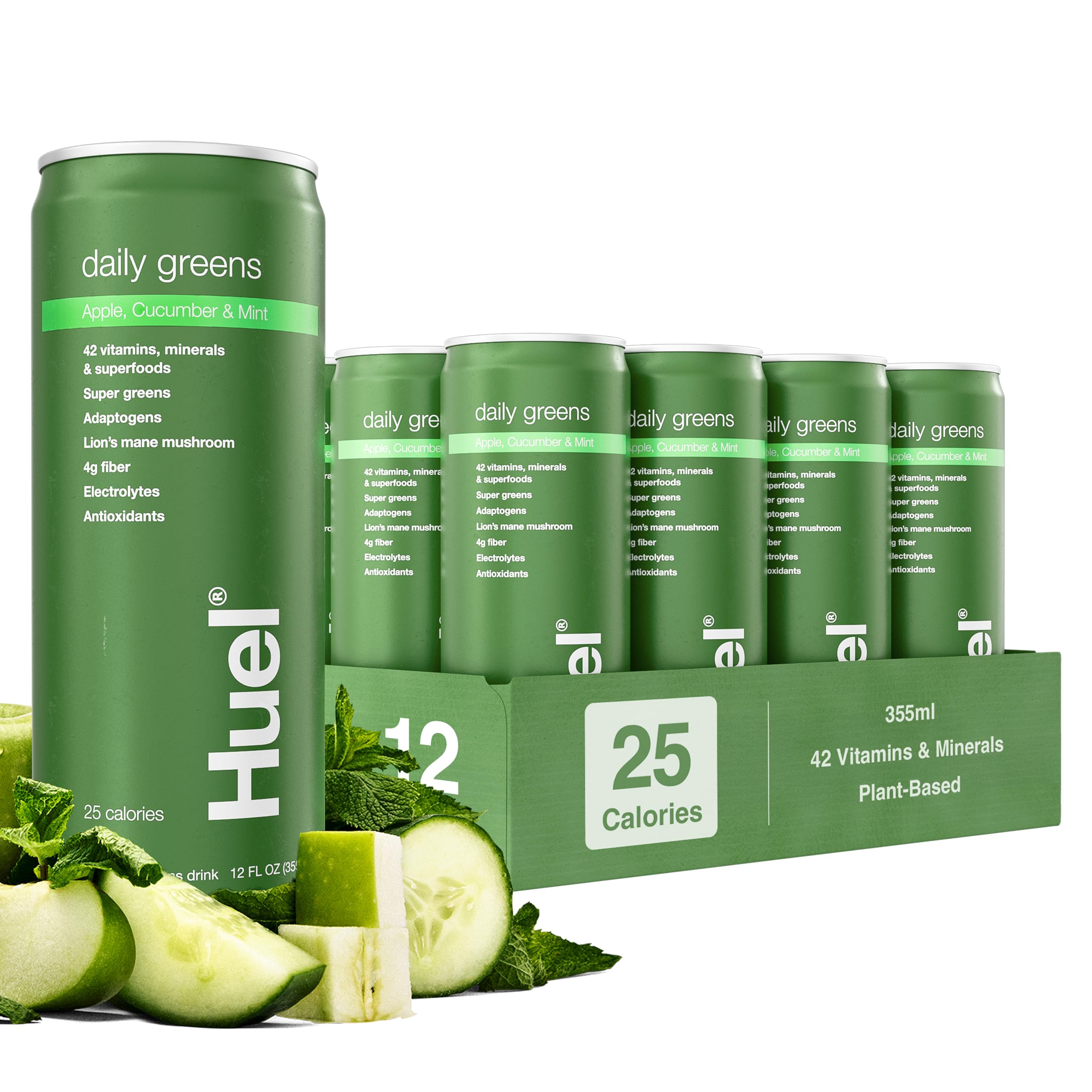 Huel Daily Greens bottle with crisp apple cucumber mint flavor for a refreshing start to your day