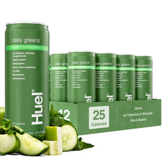 Huel Daily Greens bottle with crisp apple cucumber mint flavor for a refreshing start to your day