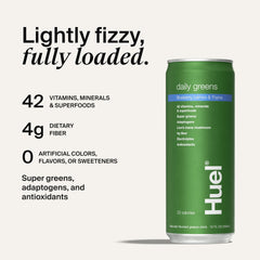 Huel Daily Greens bottle pouring, convenient ready-to-drink for on-the-go mornings