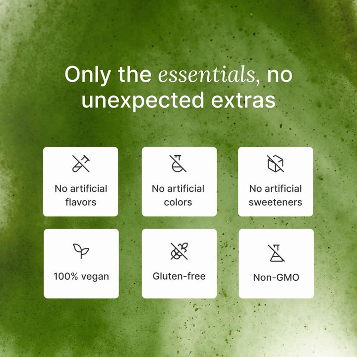 Huel Daily Greens powder being stirred into water showcasing fresh emerald color and aroma