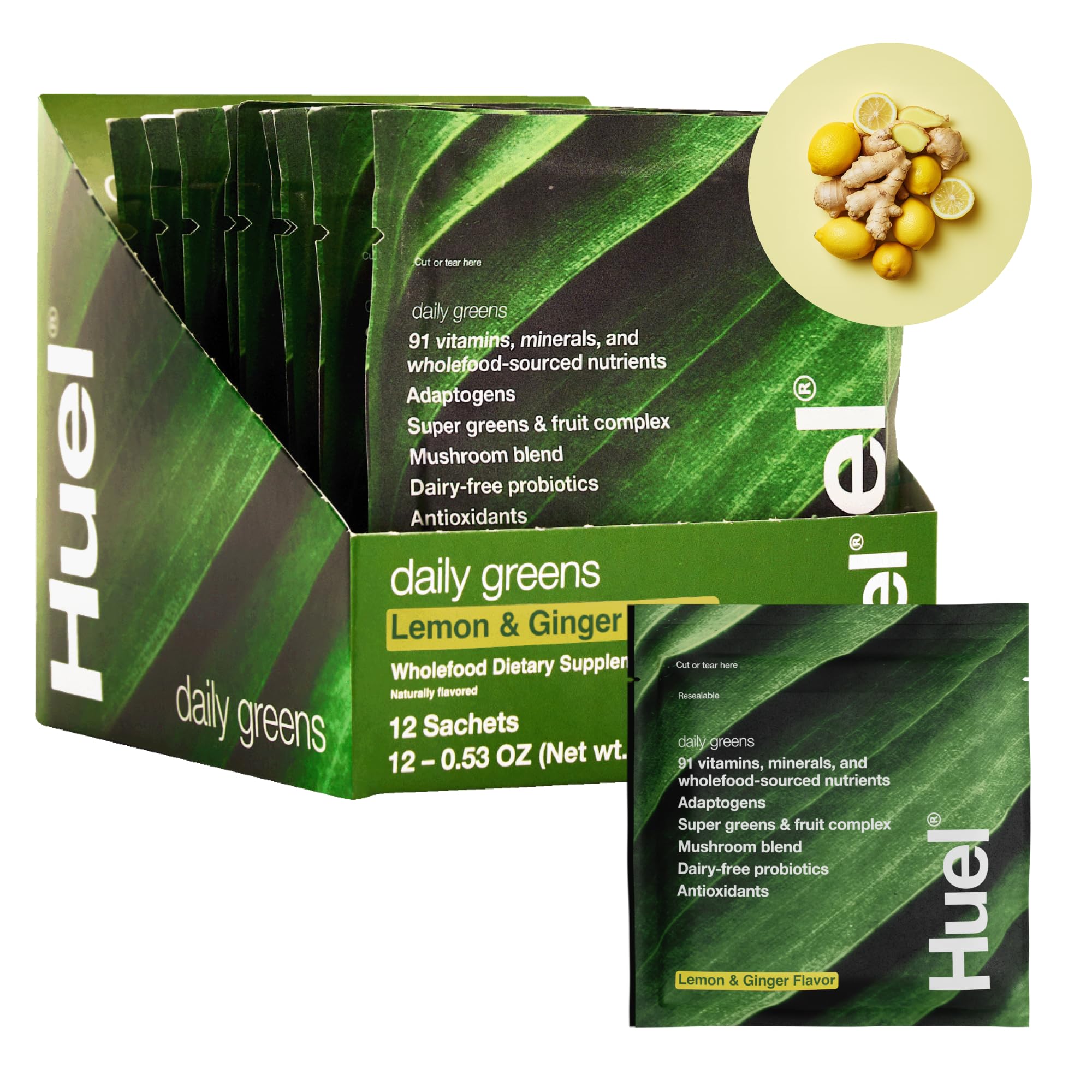 Huel Daily Greens lemon-ginger tub showing a convenient daily nutrient boost
