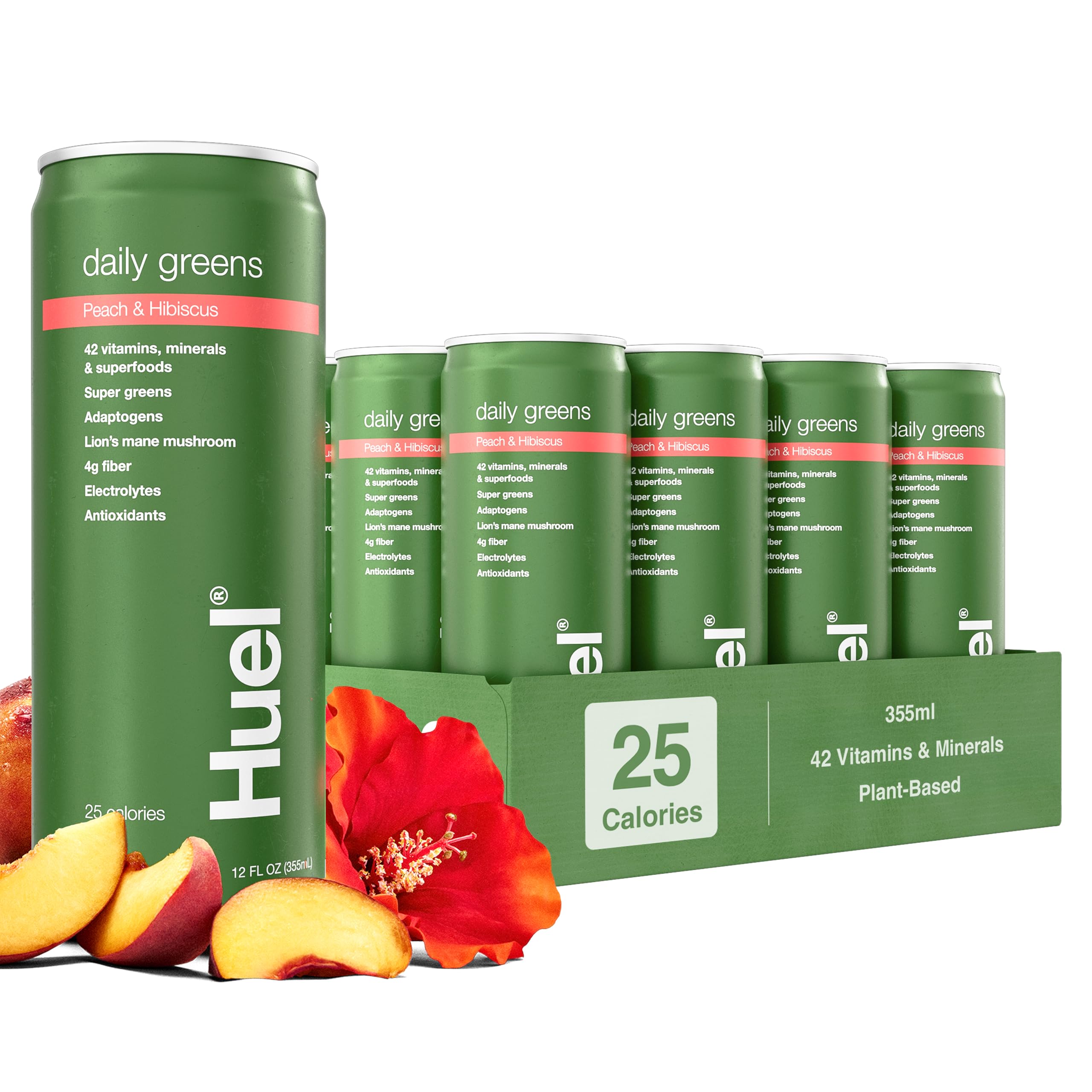 Huel Daily Greens Peach Hibiscus bottle with refreshing nutrition for mornings.