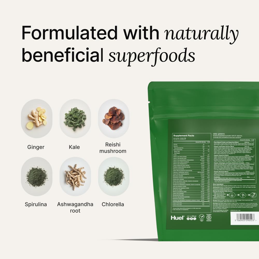 Huel Daily Greens blender bottle prepared for mixing a green shake