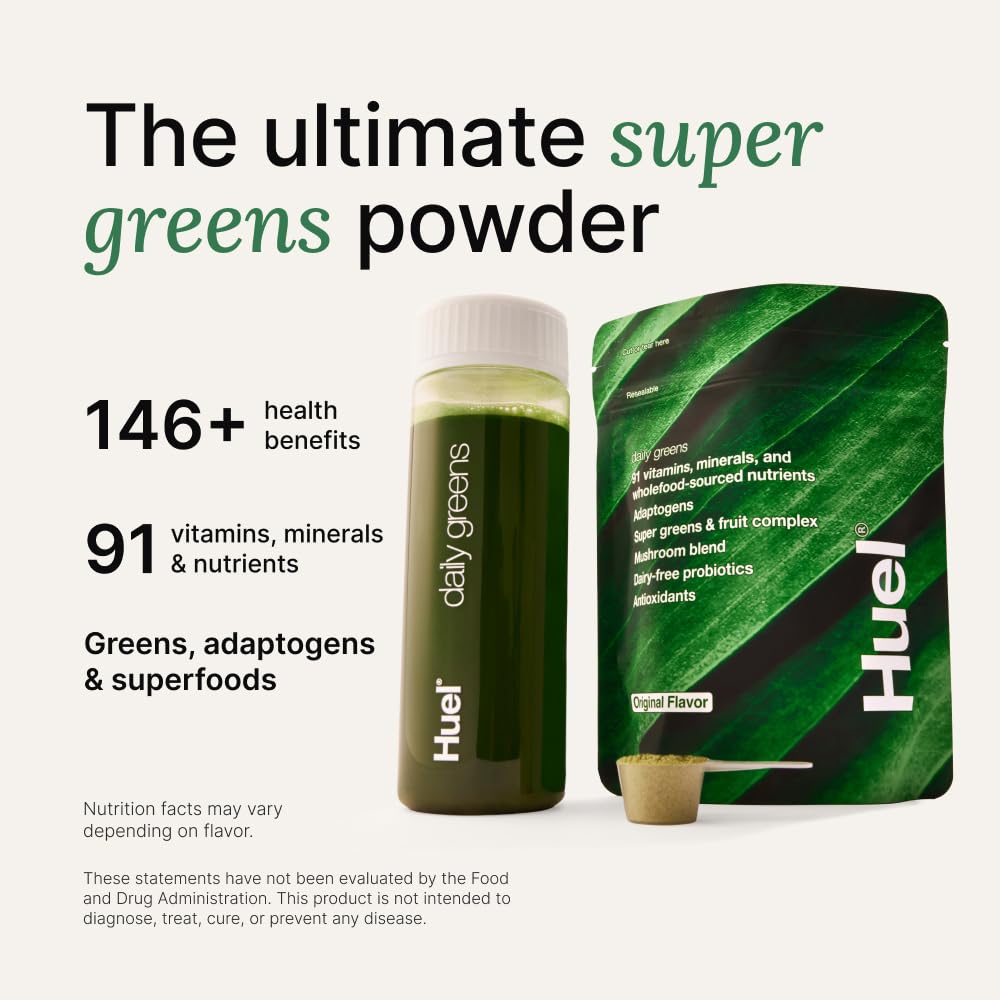 Huel Daily Greens powder being dispensed for a quick nutrient boost