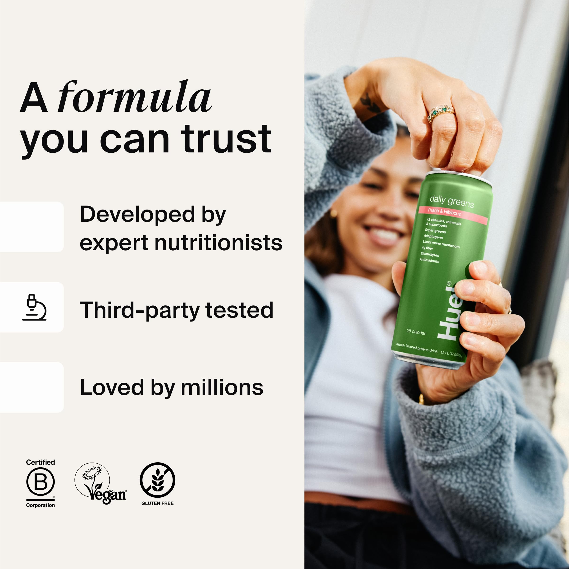 Huel Daily Greens Plant-Based Protein package suggests complete daily nourishment.