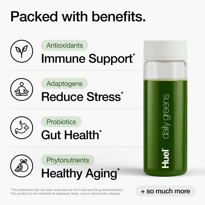 Huel Daily Greens being poured into a glass for a refreshing fruity drink