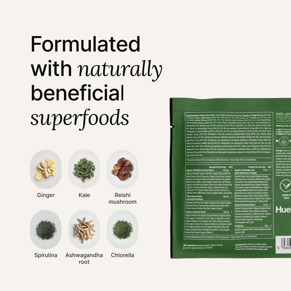 Huel Daily Greens poured-glass with a crisp fruity greens drink