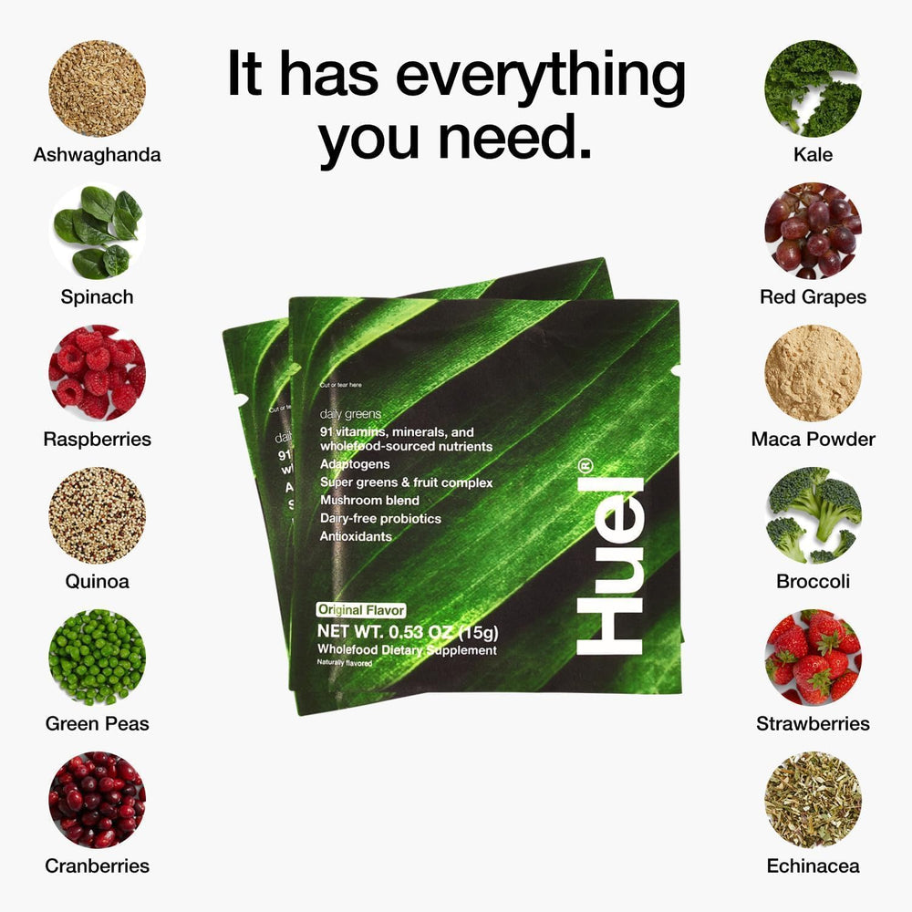 Huel Daily Greens scoop with powder ready to mix for breakfast