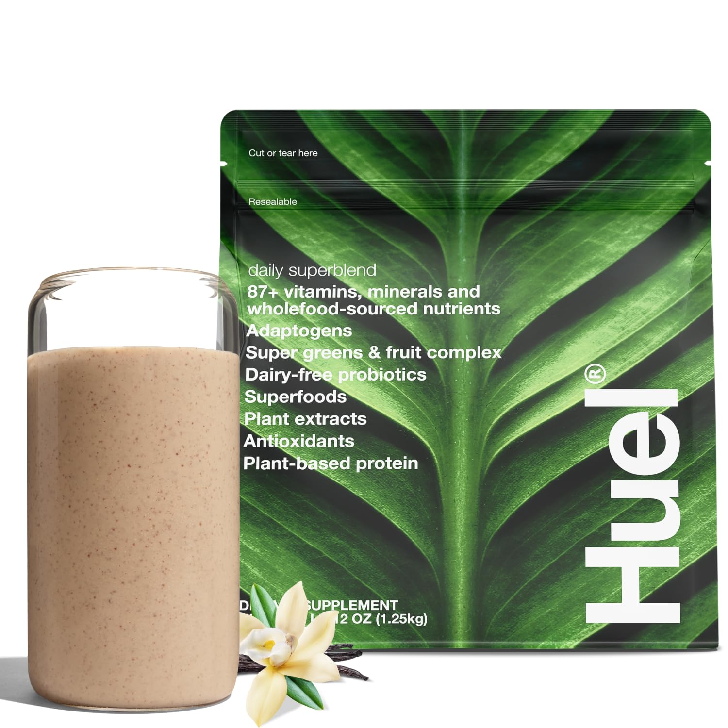 Huel Daily Superblend Vanilla powder bottle for a quick, protein-rich breakfast.