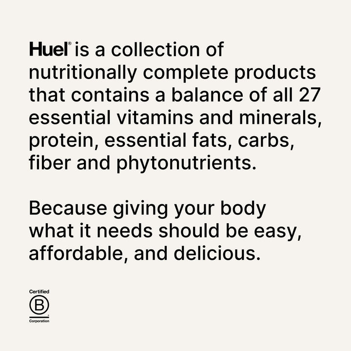 Huel nutrition facts label showing vitamins and minerals.