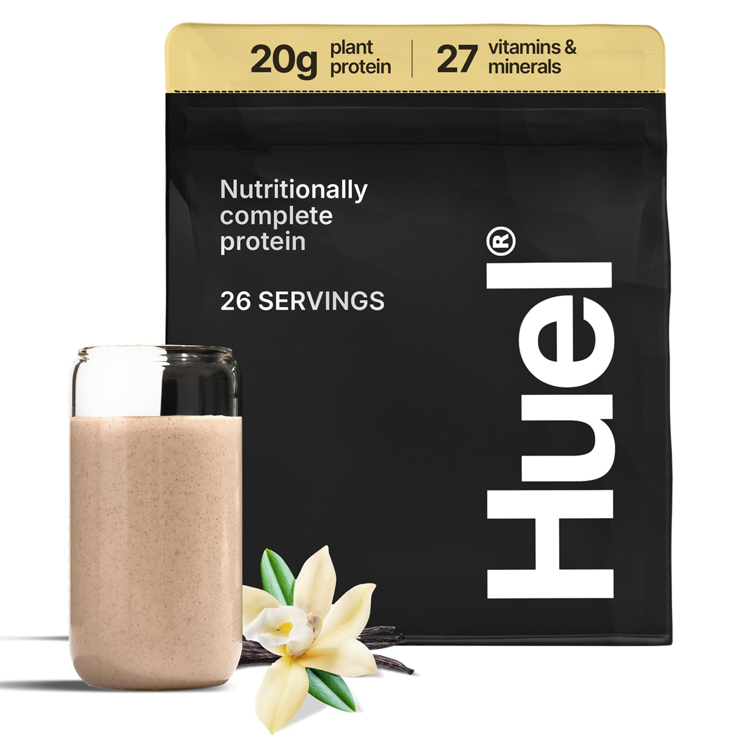 Huel Vanilla protein powder tub close-up highlighting vegan protein blend for shakes