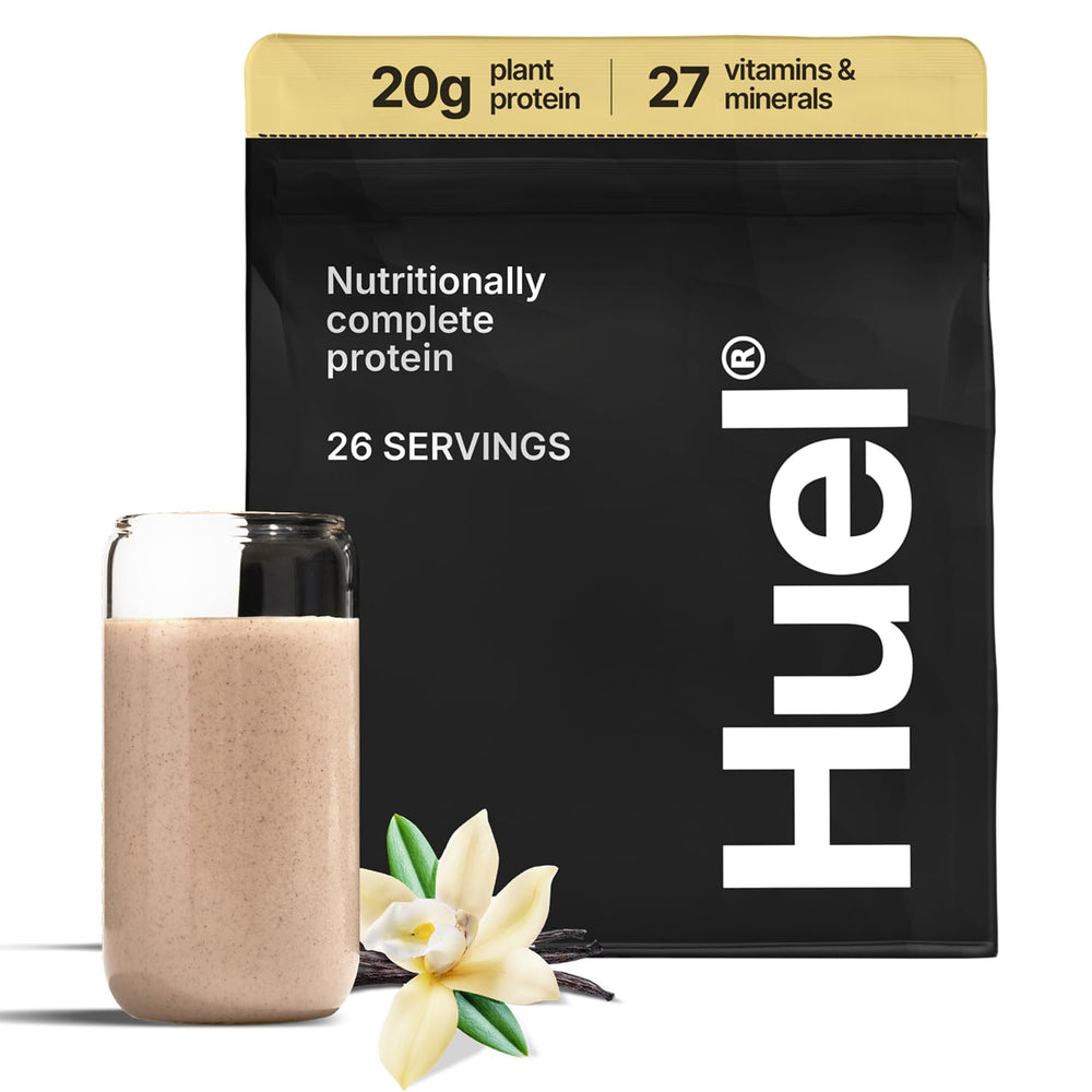 Huel Vanilla protein powder tub close-up highlighting vegan protein blend for shakes