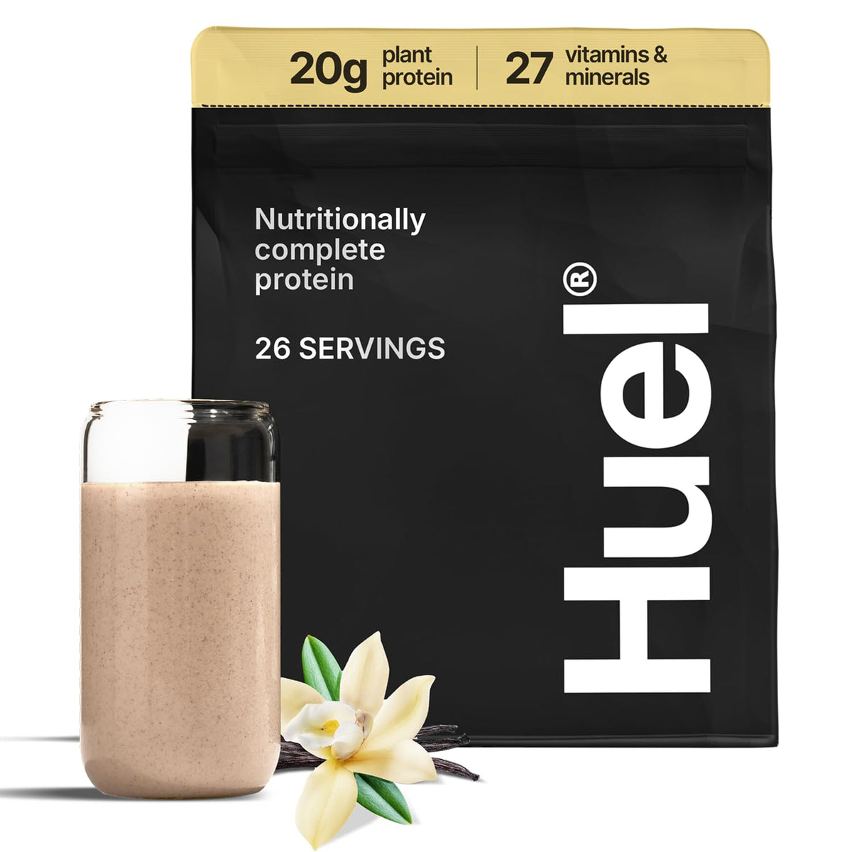 Huel Vanilla protein powder tub close-up highlighting vegan protein blend for shakes
