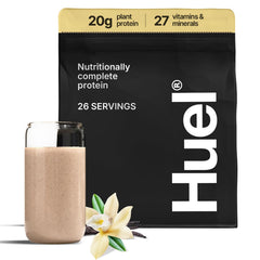 Huel Vanilla protein powder tub close-up highlighting vegan protein blend for shakes