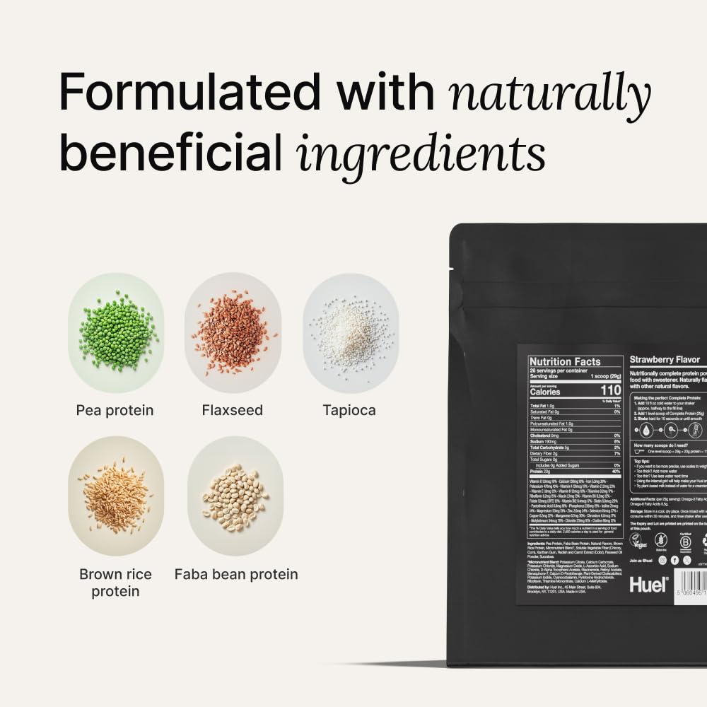 Huel Vegan Protein Strawberry ingredients panel highlights hemp, faba and pea.