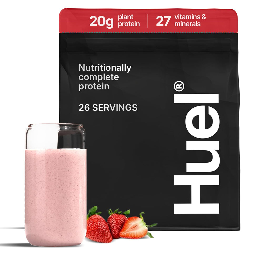 Huel Vegan Protein Strawberry tub showing complete plant-based protein in a gluten-free formula.