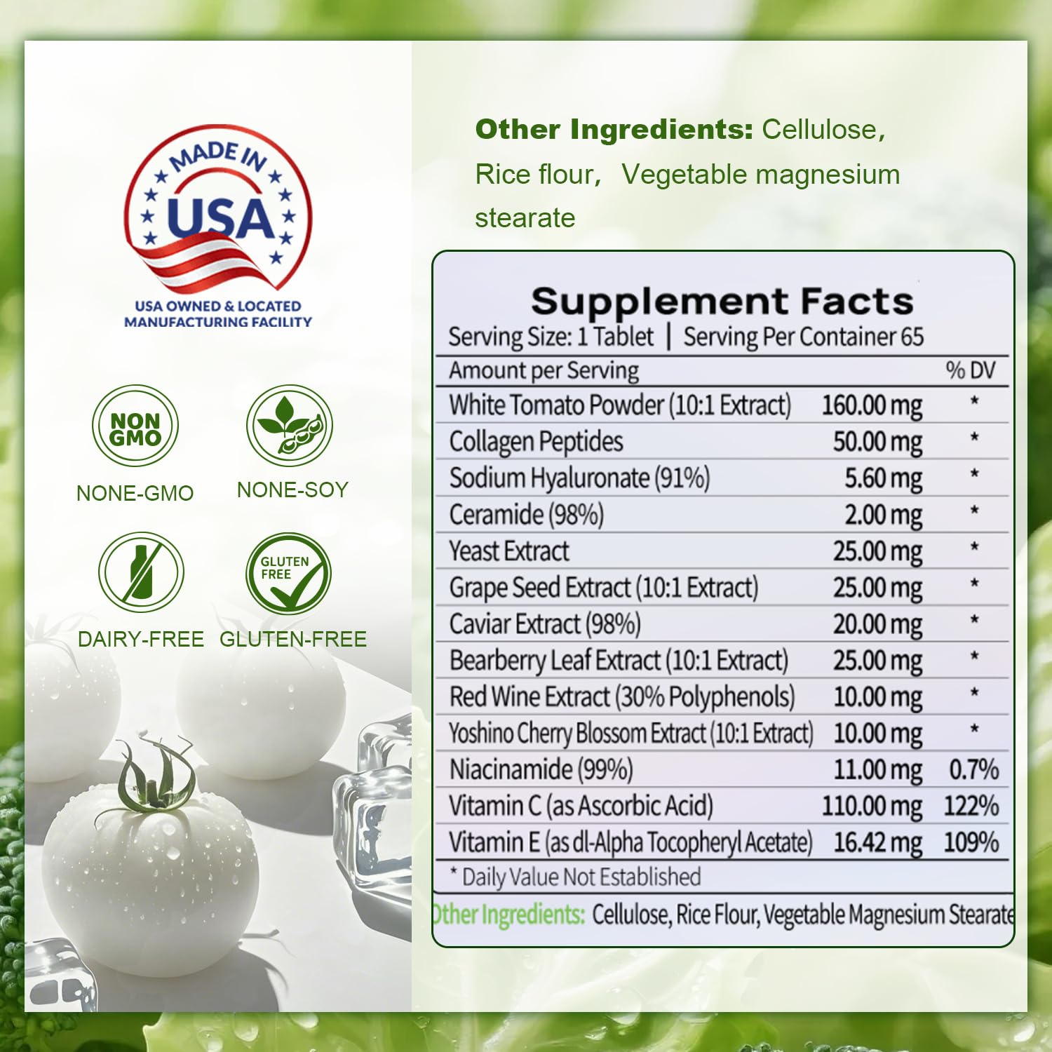 Hueobc 13-in-1 Collagen peptides tablet emphasizing elasticity support and radiant skin
