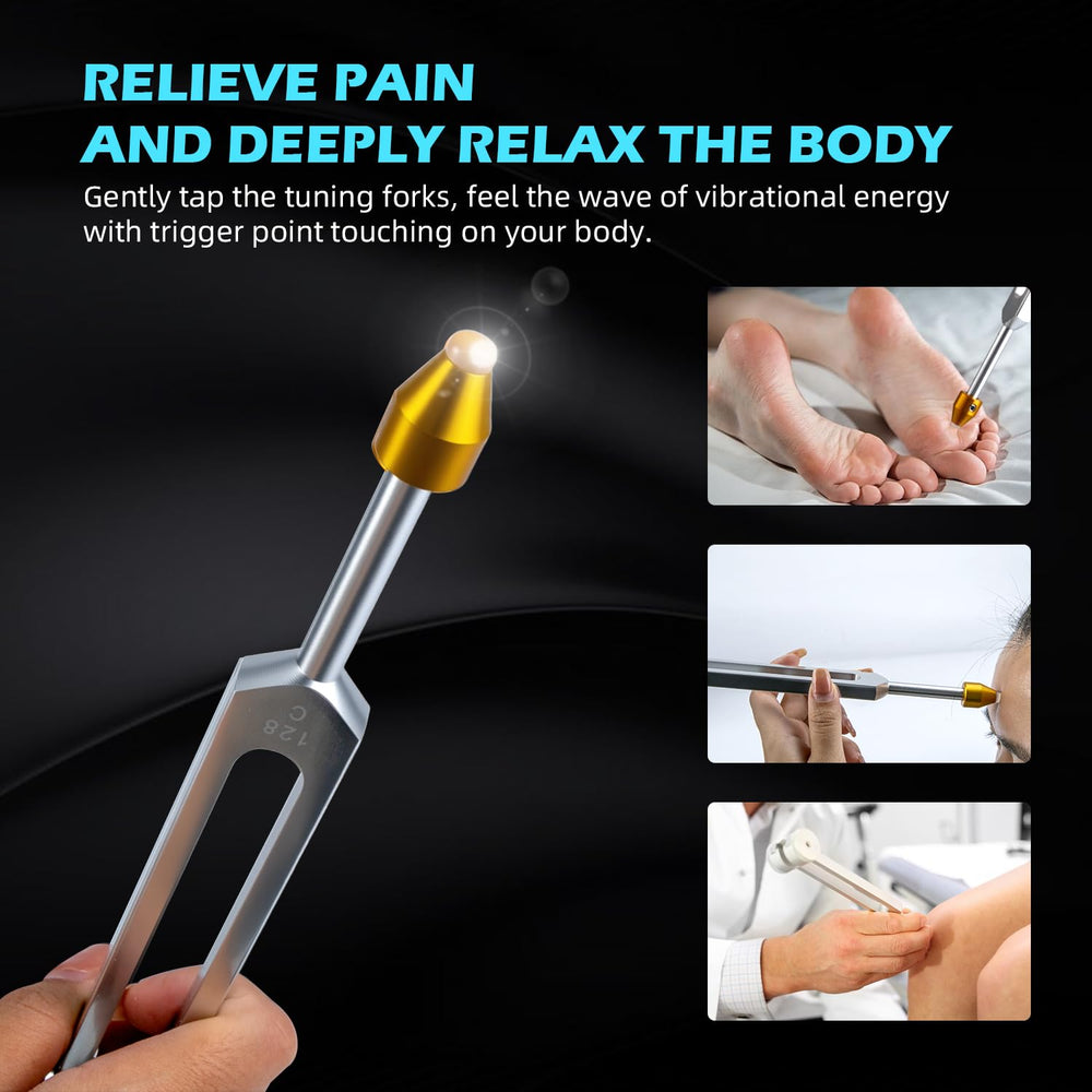 Hugbow tuning fork feet for easier grip and muscle relief during therapy.