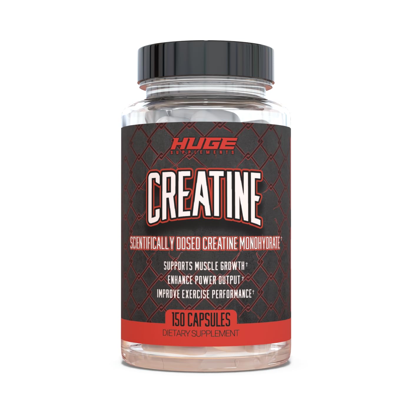 Huge Supplements Creatine Monohydrate capsules bottle with label showing purity and 5g serving