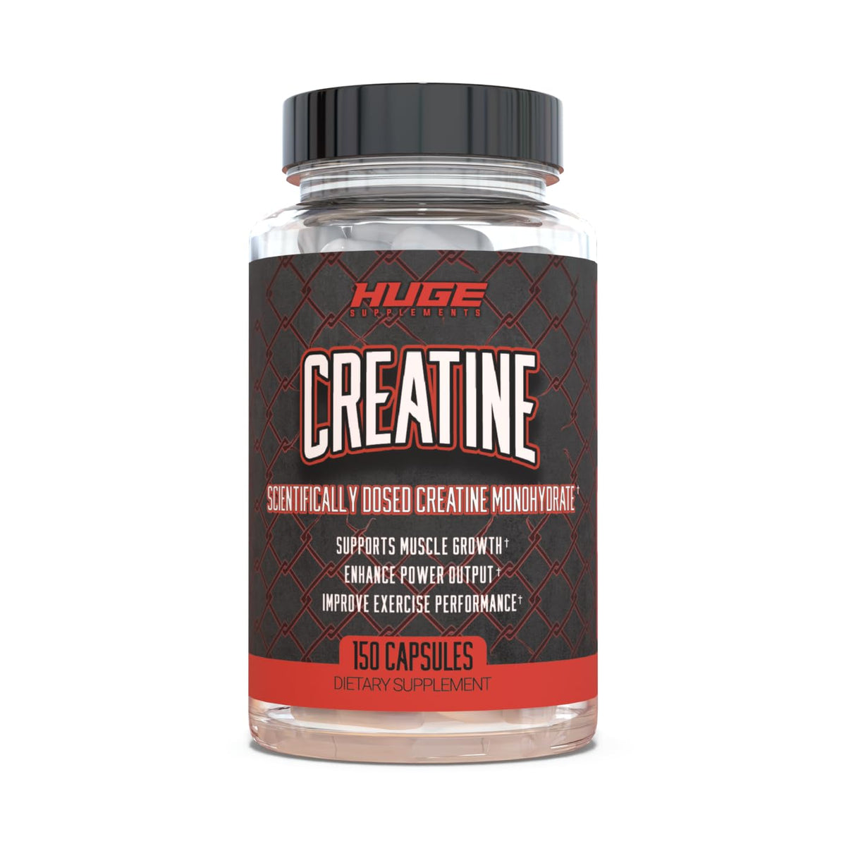 Huge Supplements Creatine Monohydrate capsules bottle with label showing purity and 5g serving