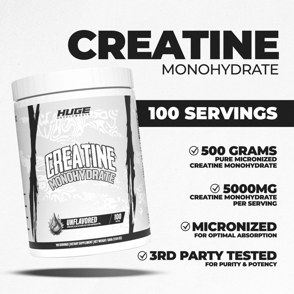 Huge Supplements creatine powder QR code label links to independent lab results.