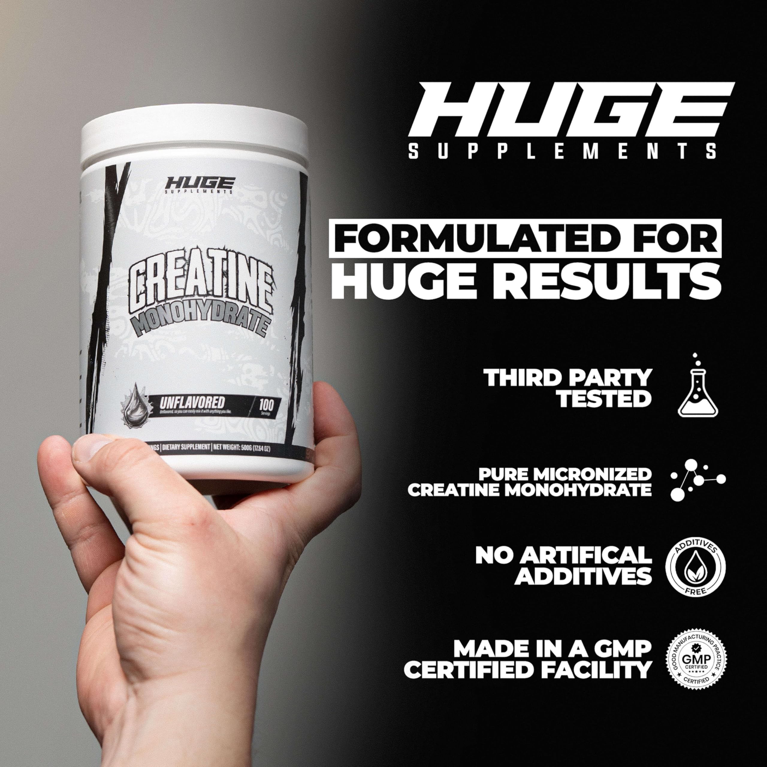 Huge Supplements creatine powder being mixed in a shaker suggests easy blending.