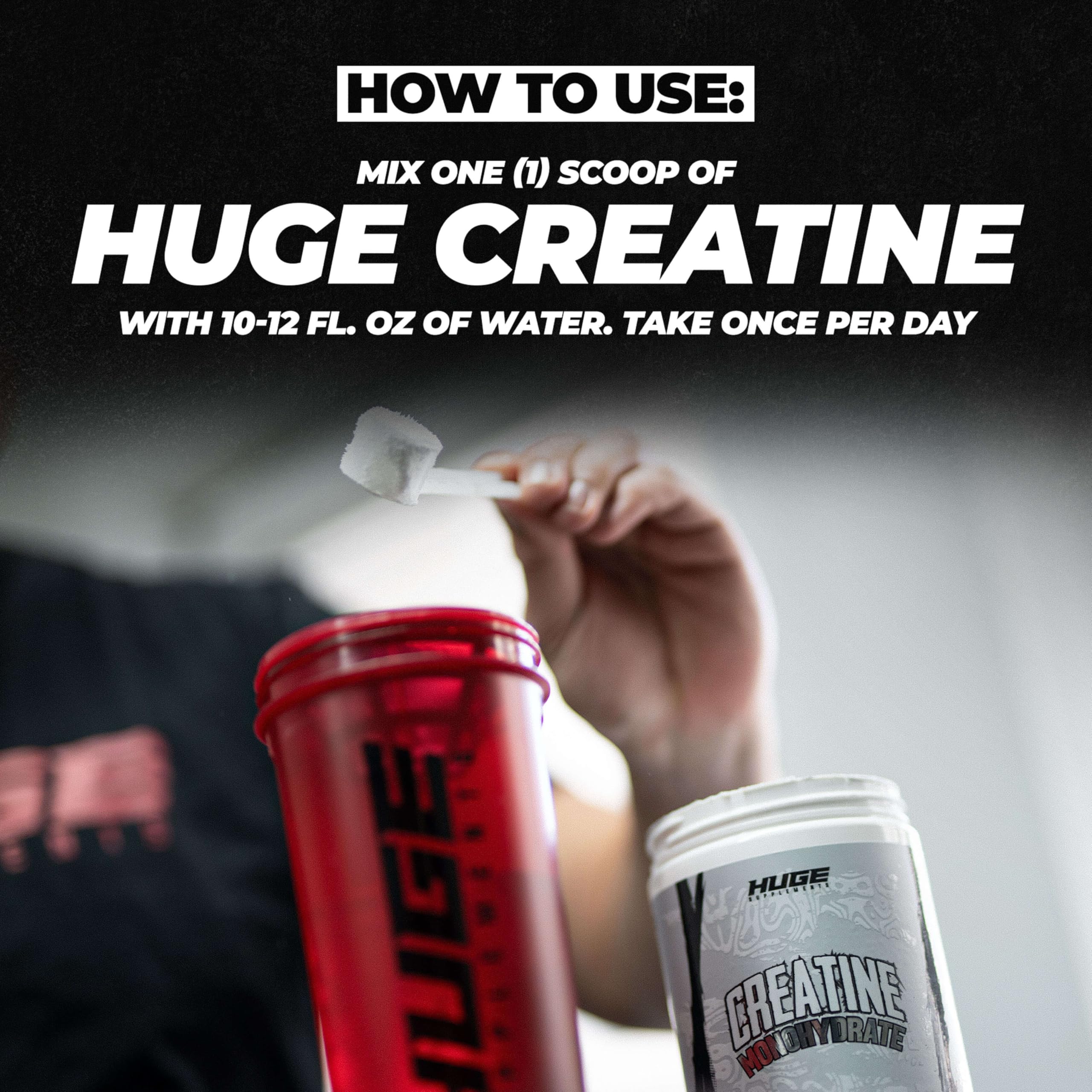 Huge Supplements unflavored creatine powder shown as a neutral mix.