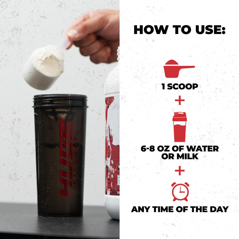 Huge Whey Protein nutrition panel highlights 25g protein and 12g EAAs per serving.