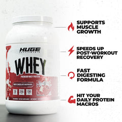 Huge Whey Protein scoop pouring powder for quick, high-protein shakes.