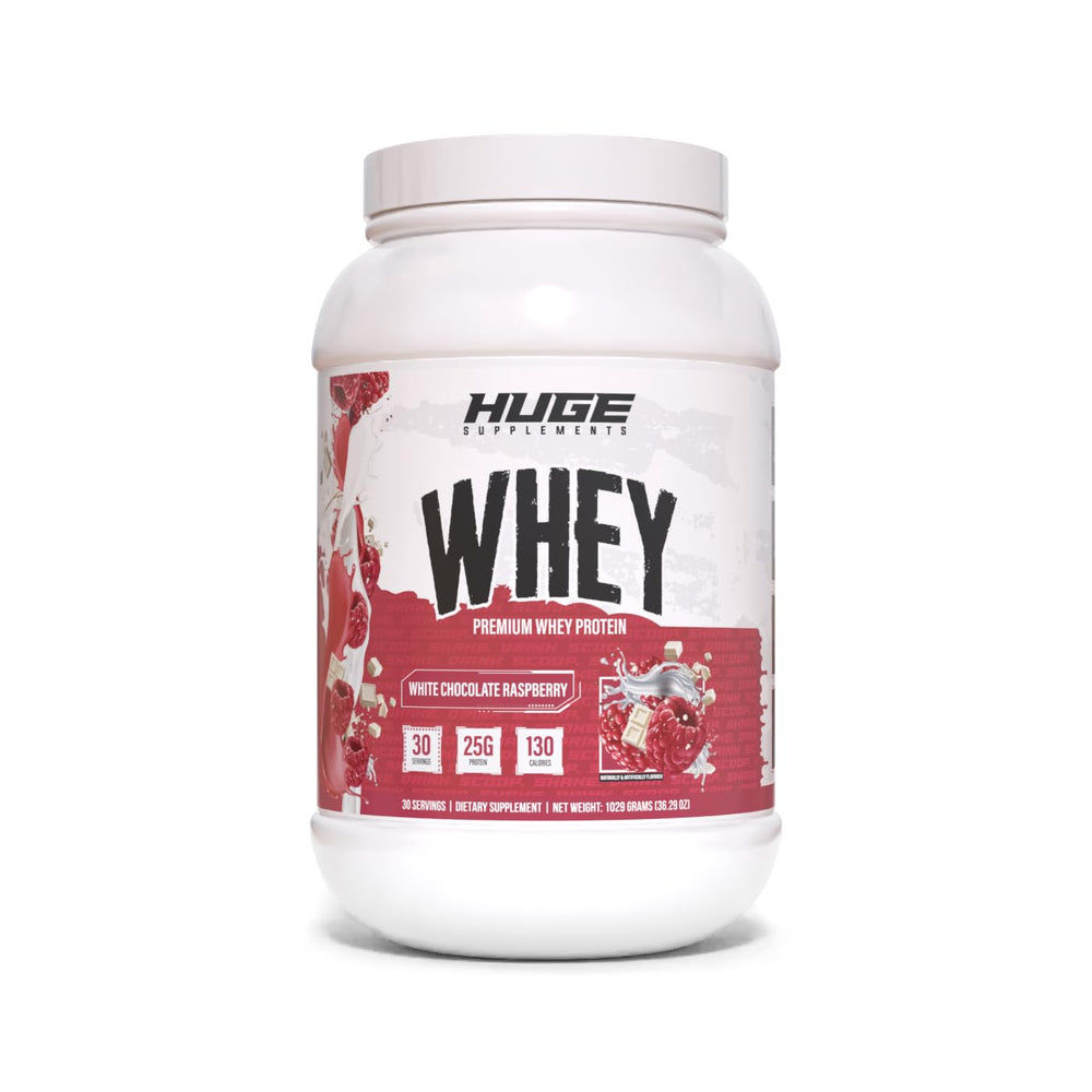 Huge Whey Protein tub front in White Chocolate Raspberry supports muscle fueling.