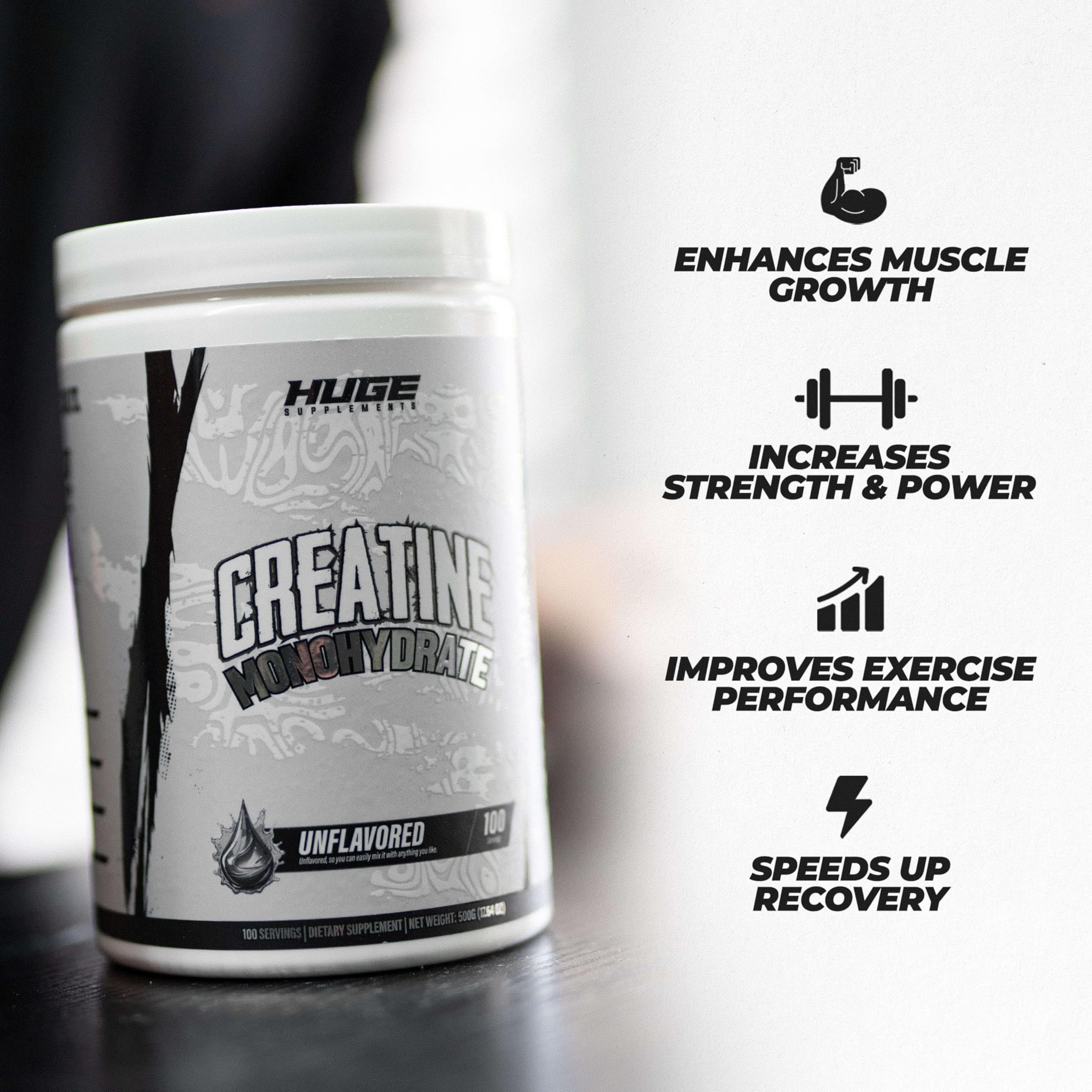 Huge Supplements micronized creatine powder texture close-up highlights finer granules.