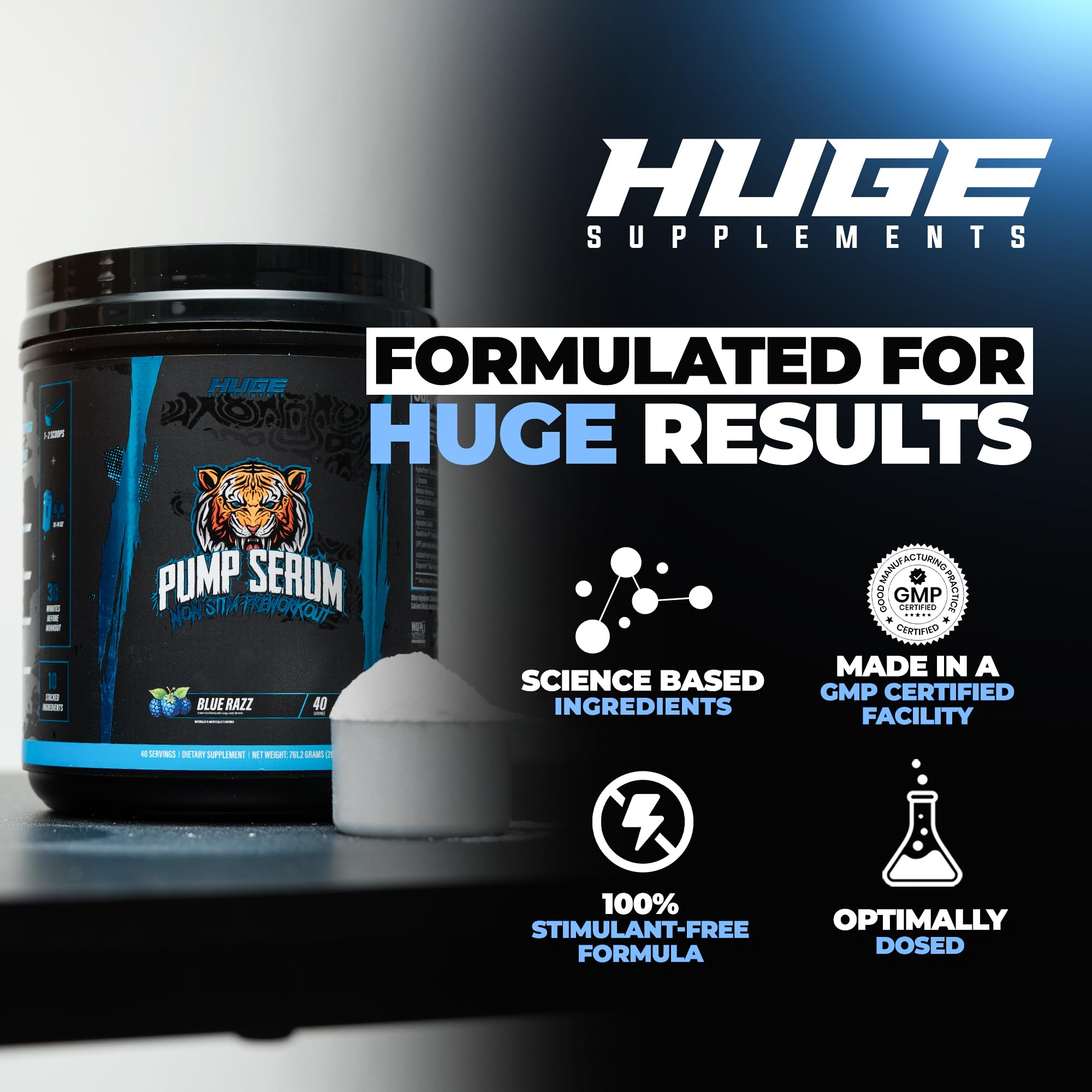 Huge Supplements Pump Serum front-label highlights caffeine-free design for late workouts.