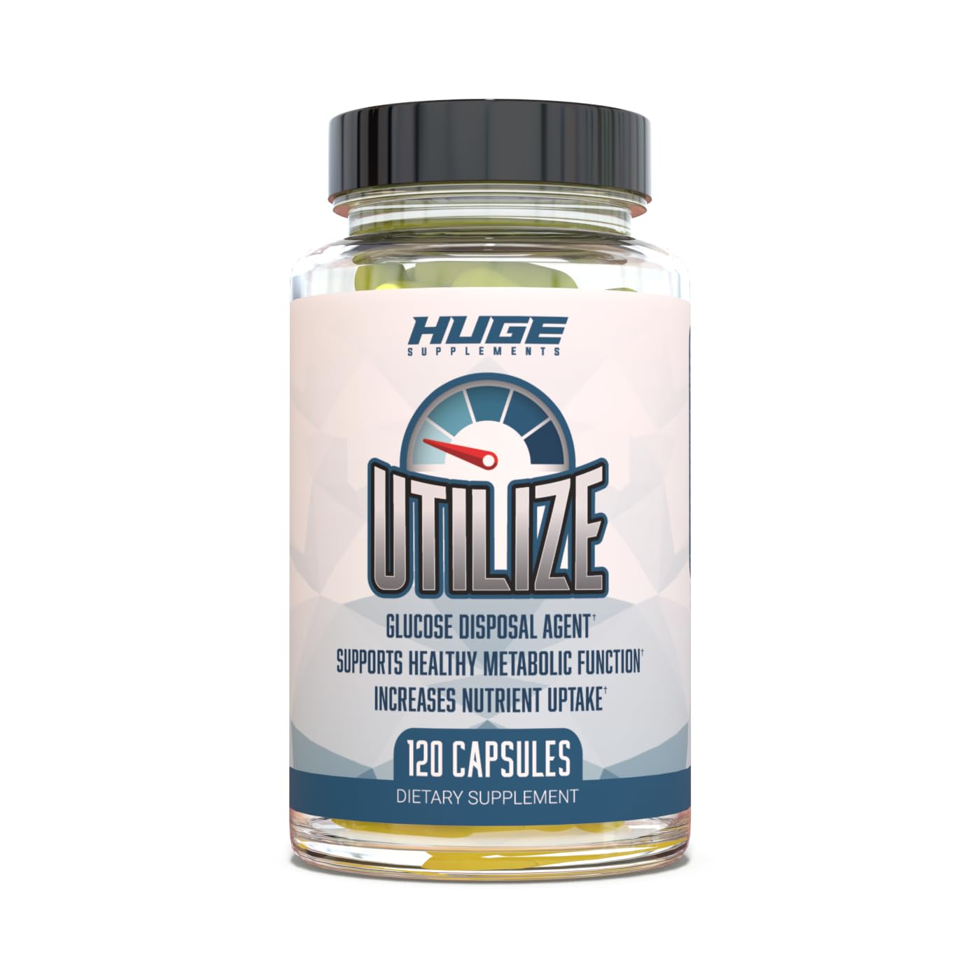 Huge Supplements Utilize bottle front showcasing the energy-supporting GDA formula
