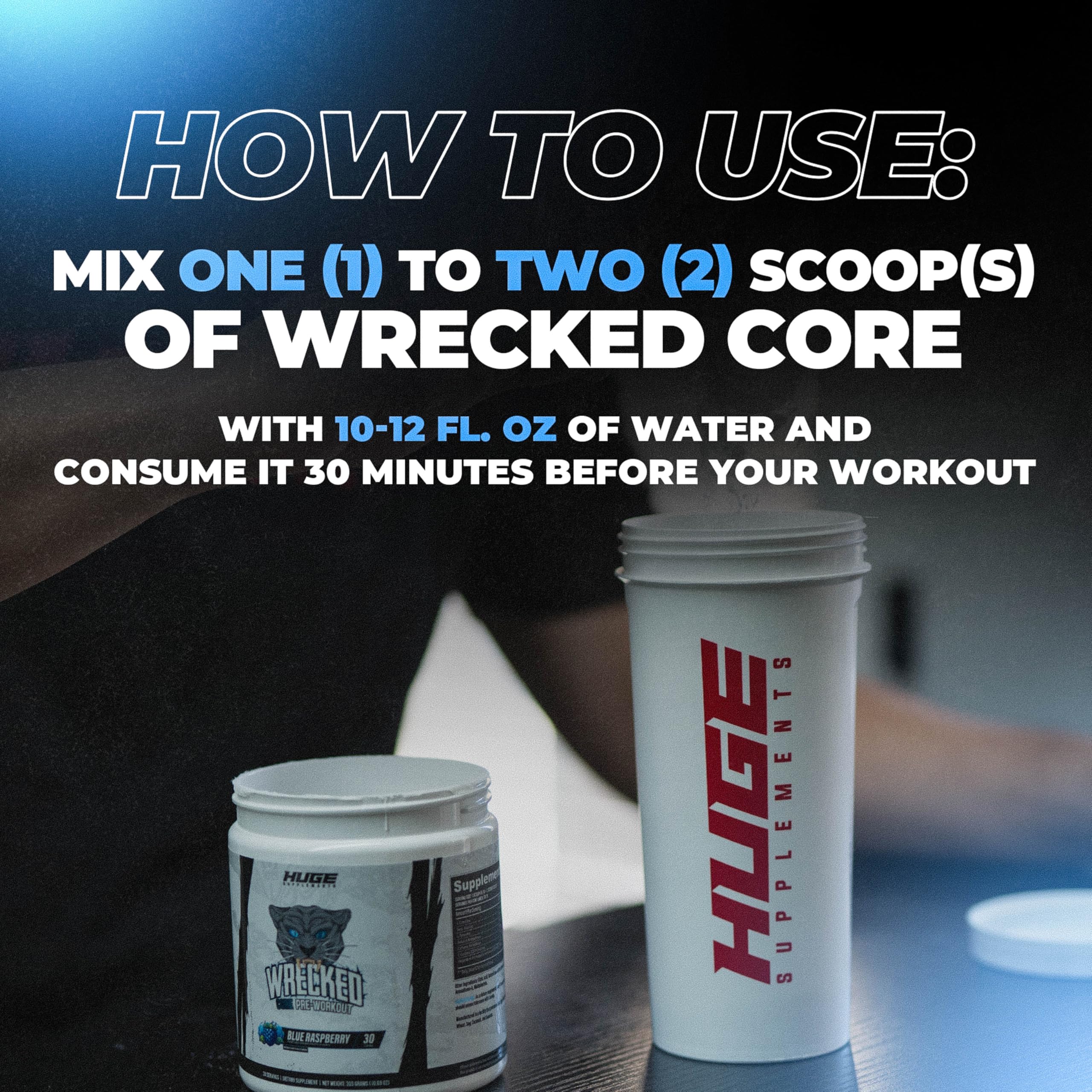 Huge Supplements Wrecked Core flavor-visual highlights Blue Raspberry taste profile.