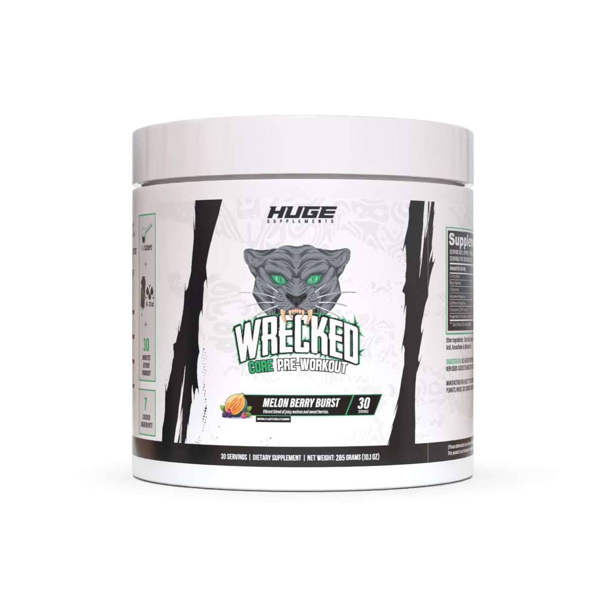Huge Supplements Wrecked Core Melon Berry Burst can energizes workouts and tastefully refreshes.