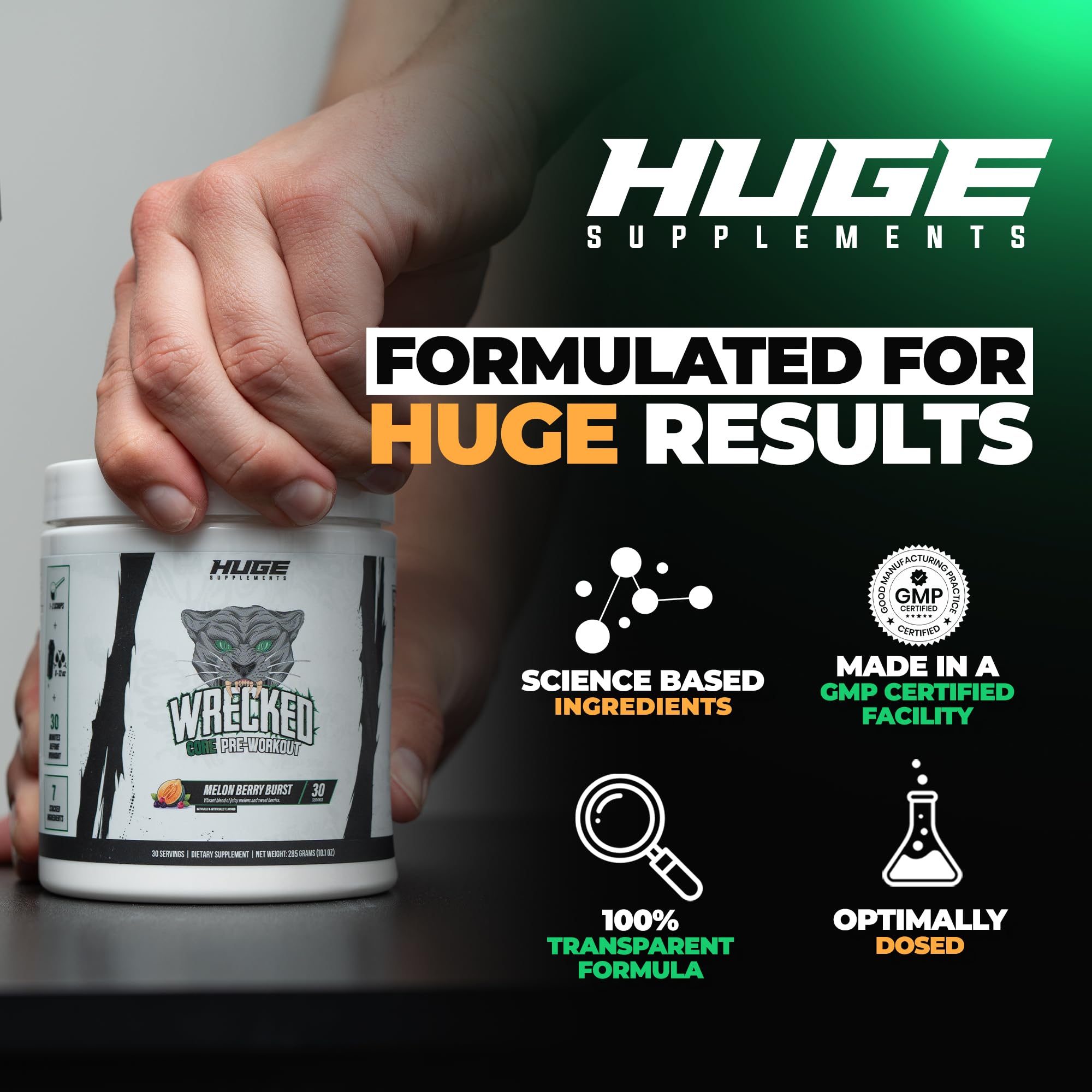Huge Supplements Wrecked Core mixed drink in glass ready for focus and energy.