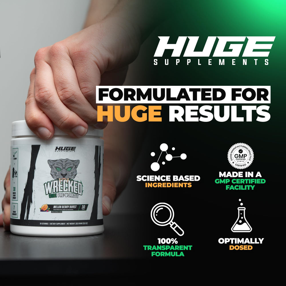 Huge Supplements Wrecked Core mixed drink in glass ready for focus and energy.