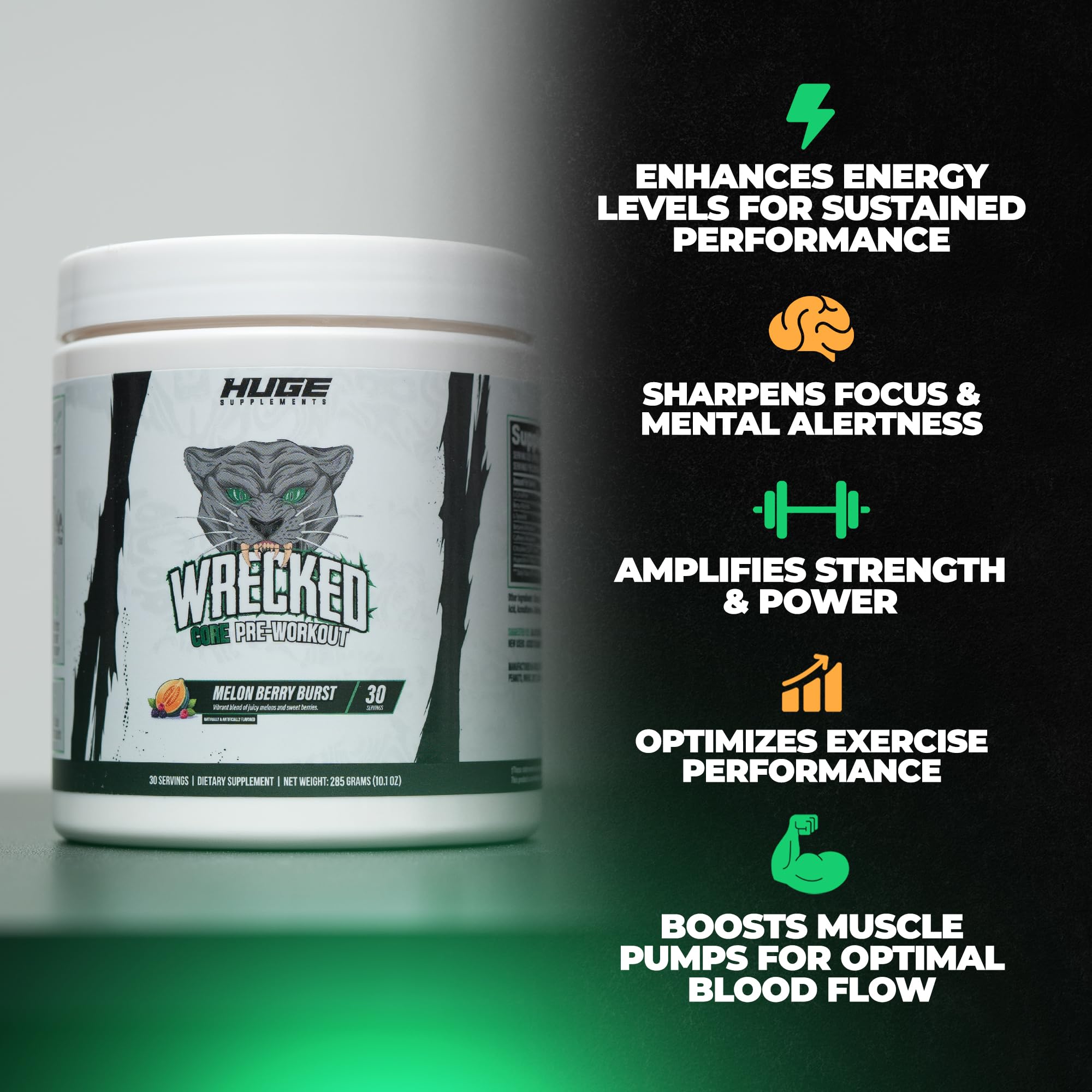 Huge Supplements Wrecked Core powder-jar with Melon Berry Burst formula visible.