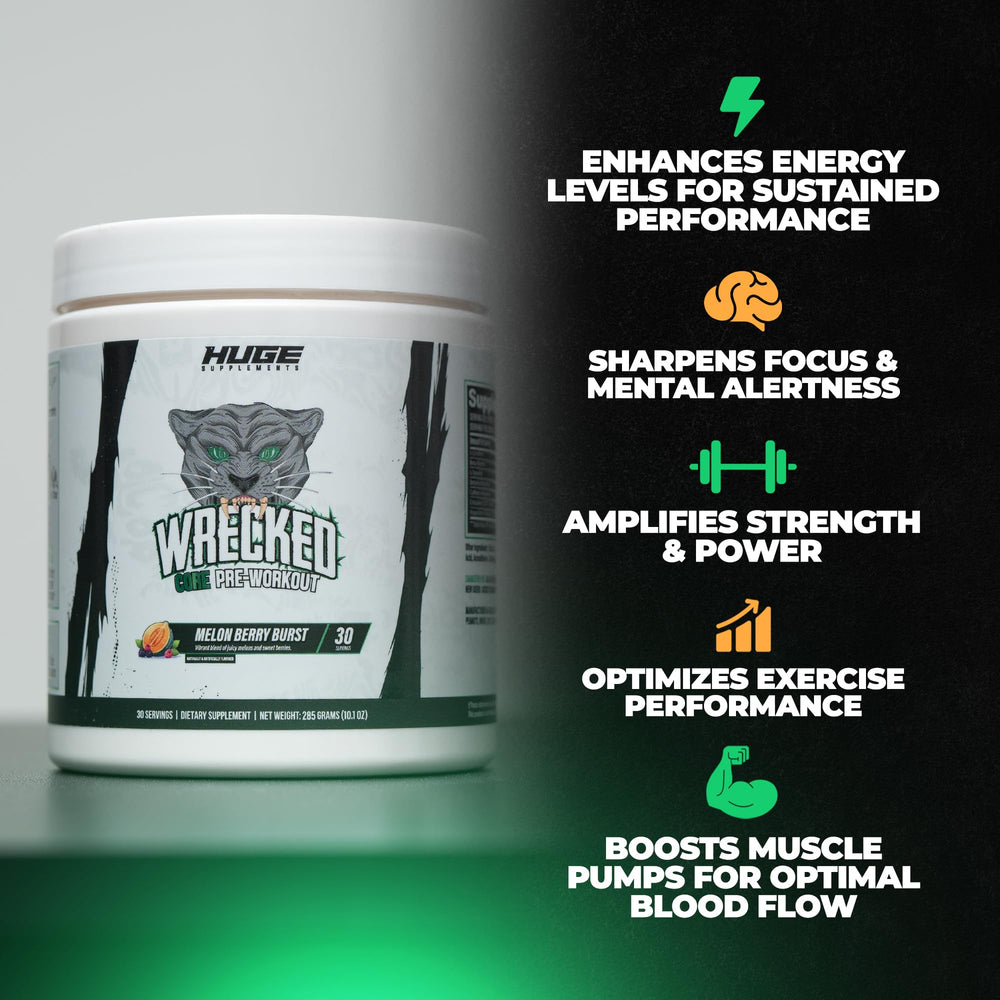 Huge Supplements Wrecked Core powder-jar with Melon Berry Burst formula visible.