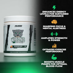 Huge Supplements Wrecked Core powder-jar with Melon Berry Burst formula visible.