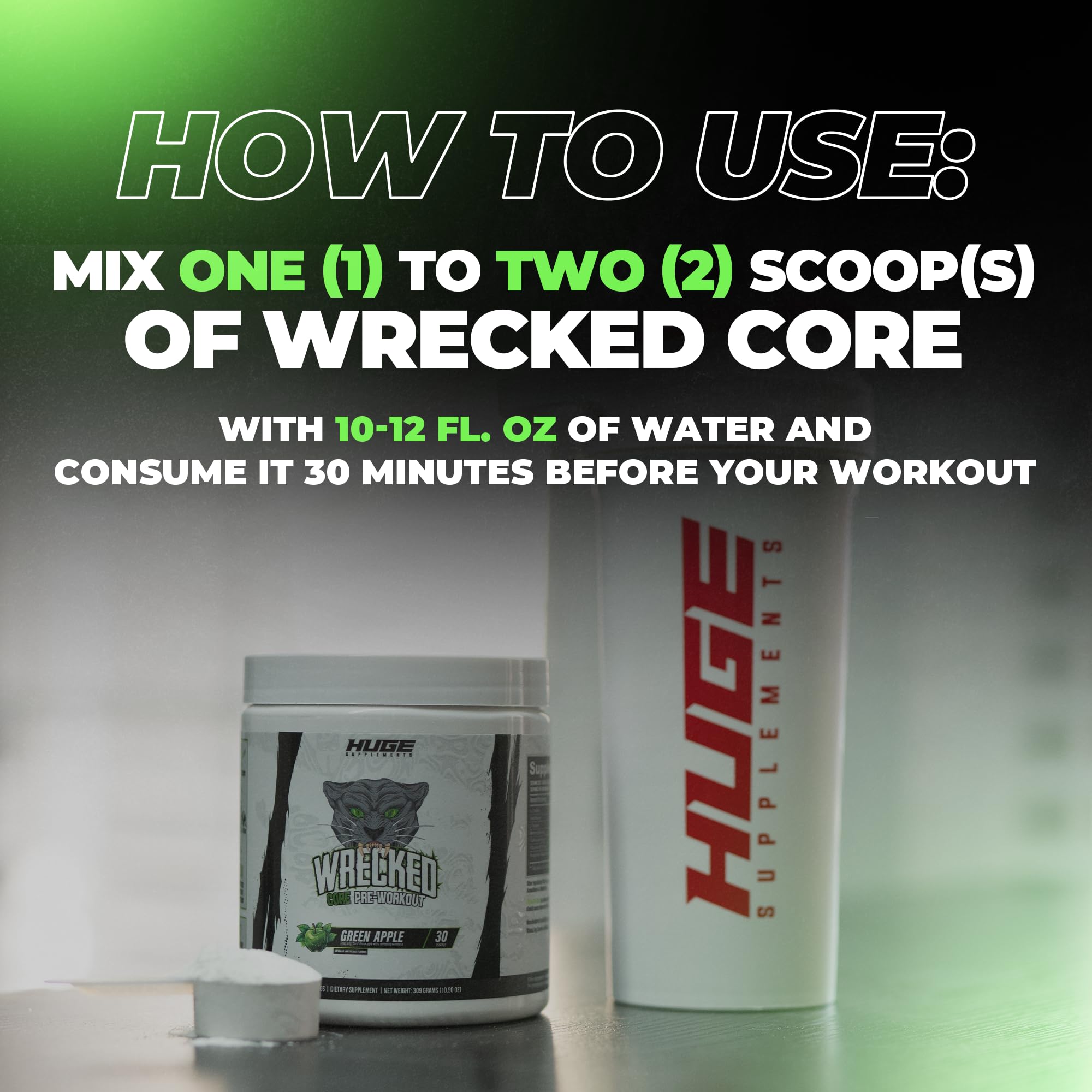Huge Supplements Wrecked Core shaker ready during gym session for focus