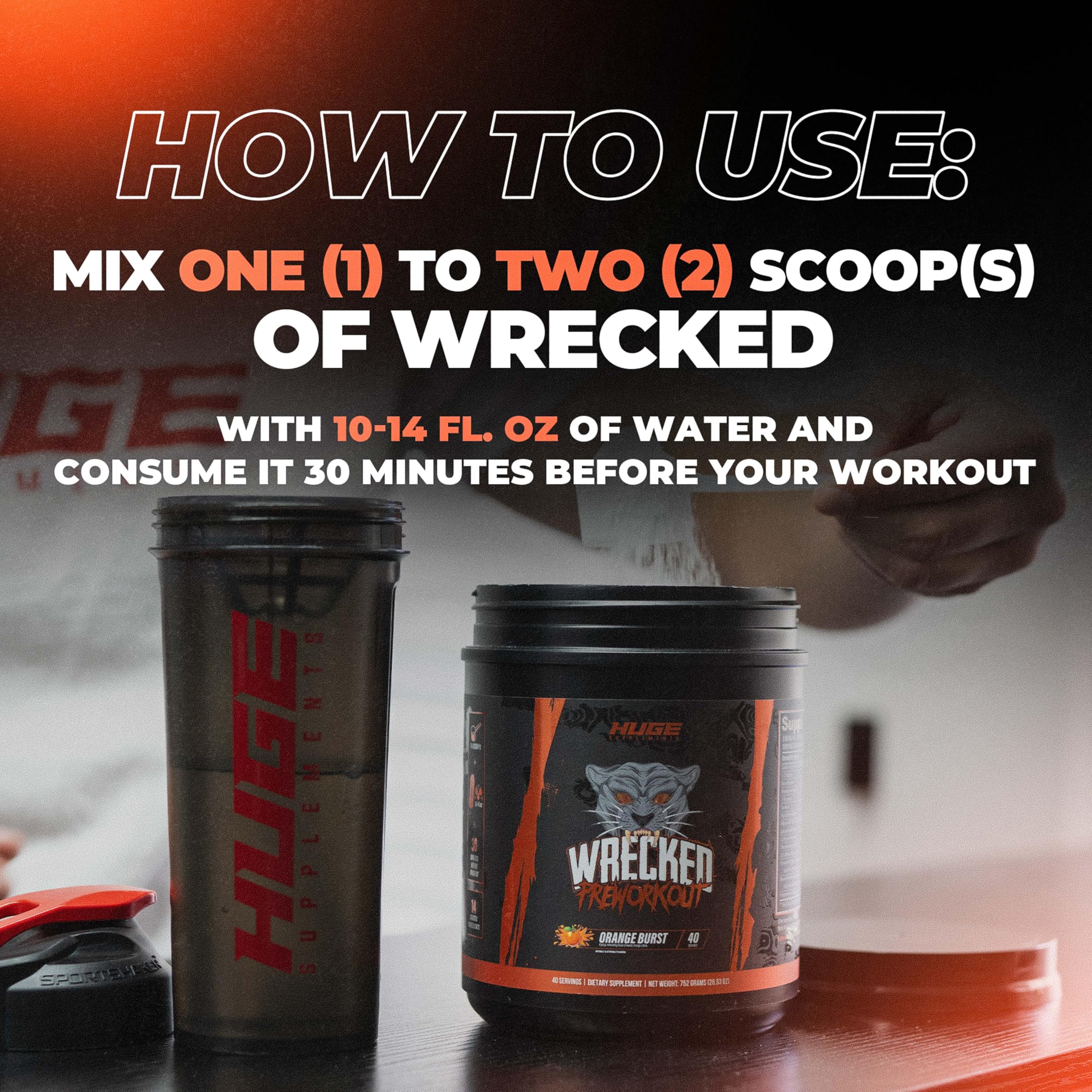 Huge Supplements Wrecked flavored drink, cues of refreshing taste and mixability.
