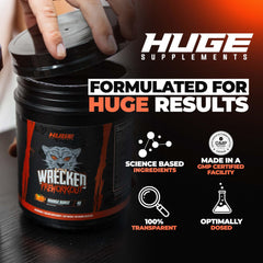 Huge Supplements Wrecked label closeup, clear ingredient details for informed choice.