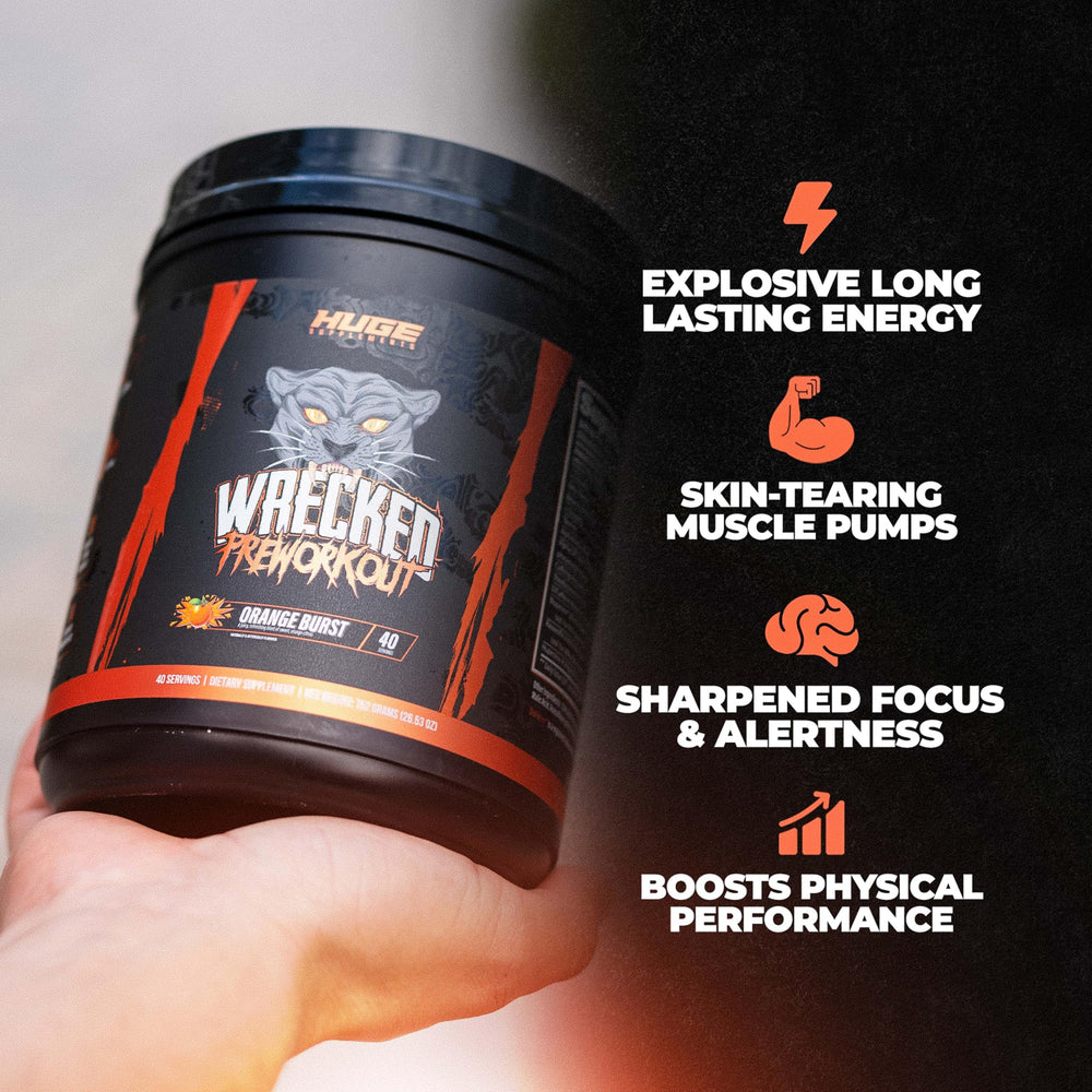 Huge Supplements Wrecked powder texture closeup, smooth-mix formula for quick prep.