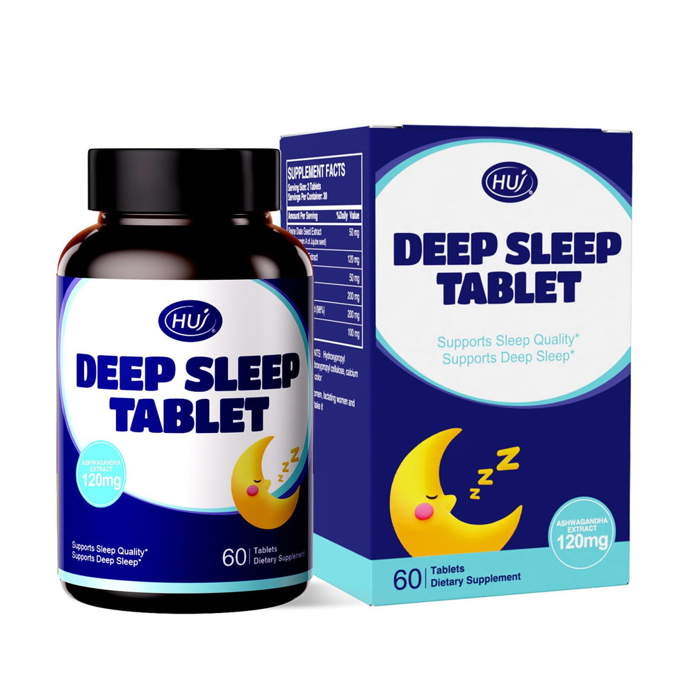 HUJ Deep Sleep Tablet bottle front view promotes calm nights and restful sleep.