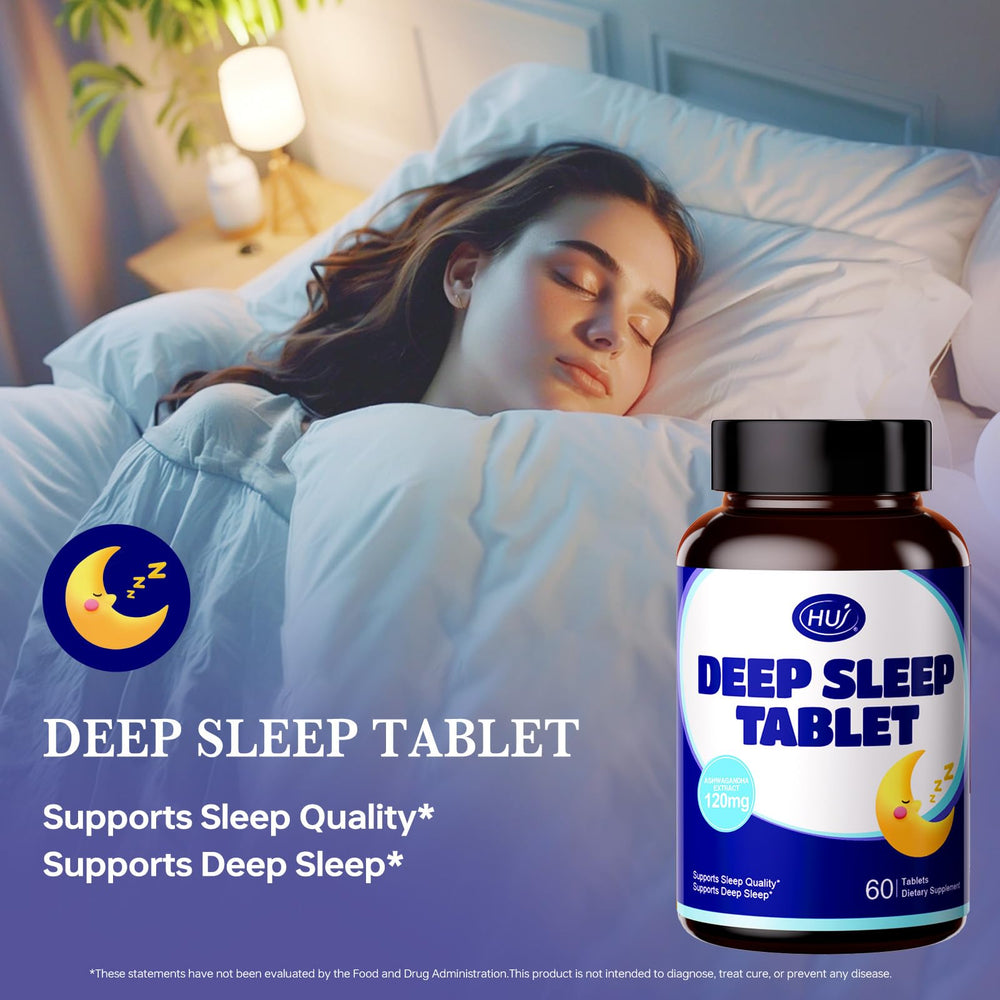 HUJ Deep Sleep Tablet features ashwagandha and L-theanine to support a calm mood.