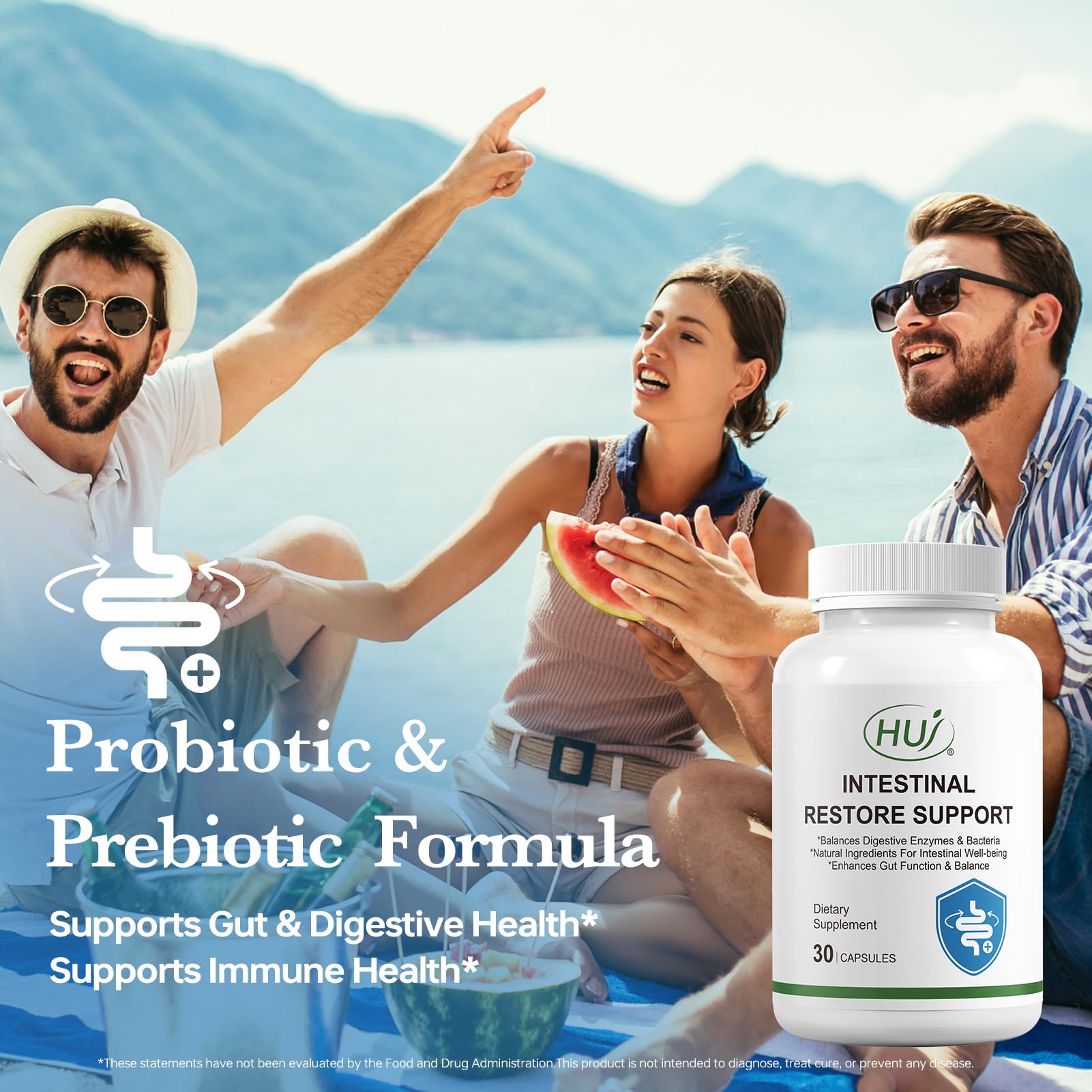 HUJ Intestinal Restore bottle label featuring 20B probiotics and daily support