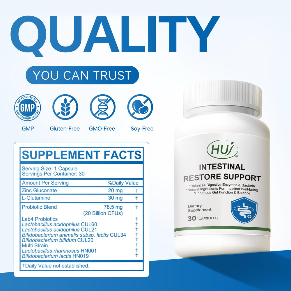 HUJ Intestinal Restore capsules in hand illustrating portable daily wellness