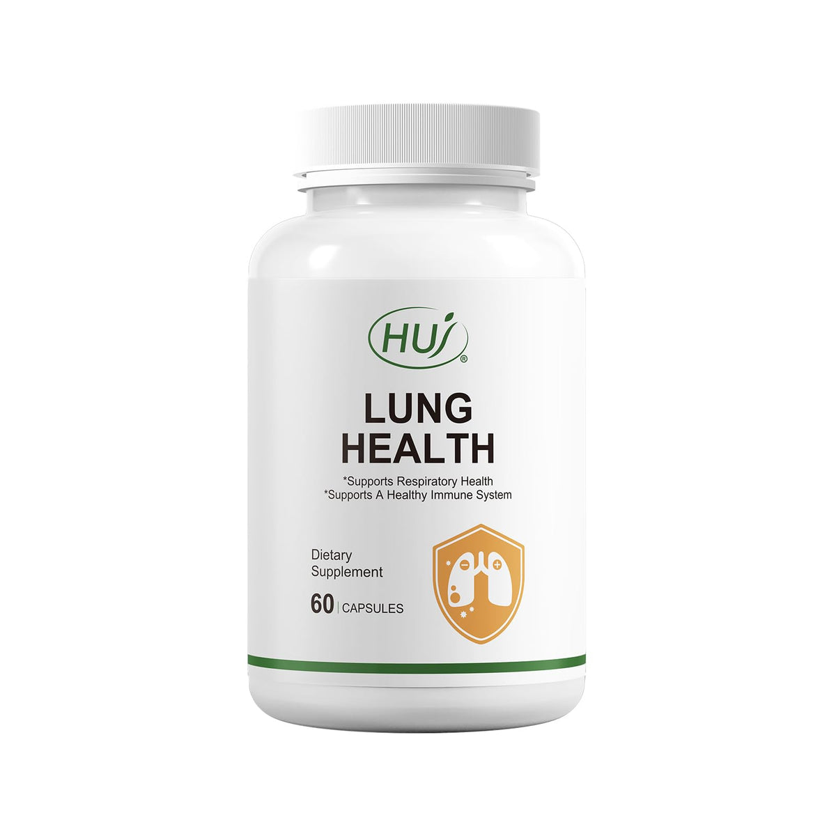 HUJ Lung Health bottle front showing branding and capsule container