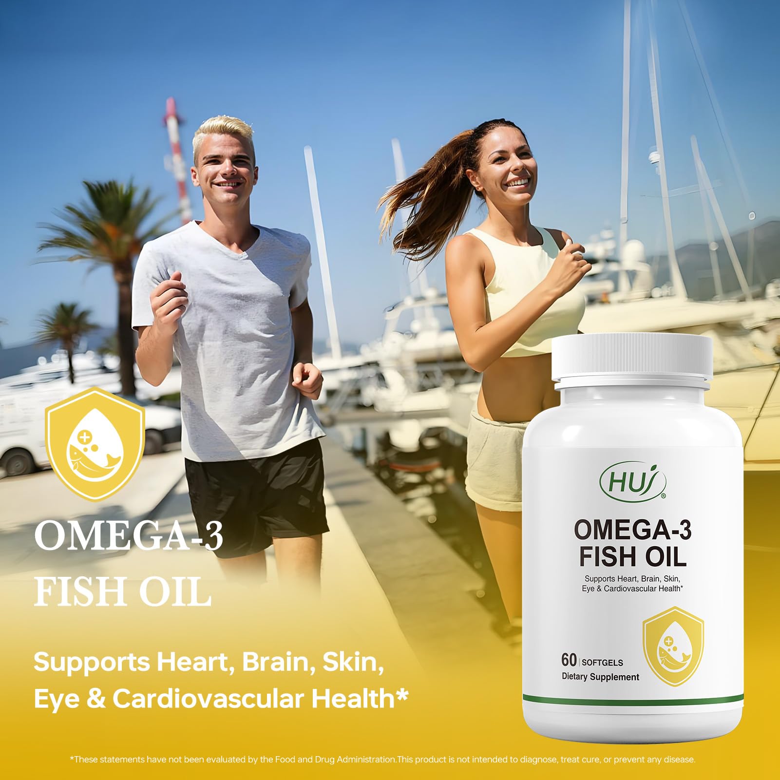HUJ Omega-3 softgels bottle and packaging highlight